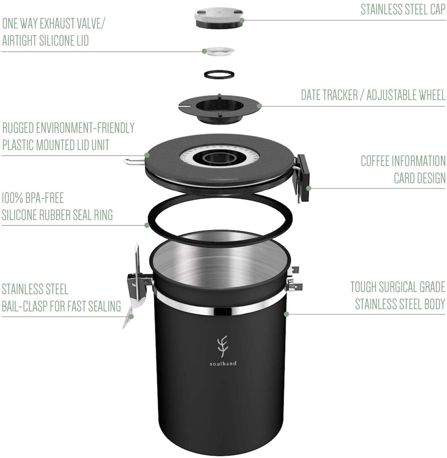Soulhand Coffee Storage Container with Coffee Information Card Black 22oz/660g - soulhand