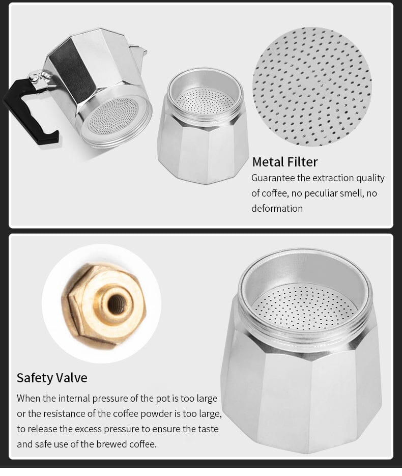 VonShef Aluminium Stovetop Coffee Maker 12 Cup/600ml, Italian Style Espresso  Maker Moka Pot for Ground Coffee w/ Gasket & Filter